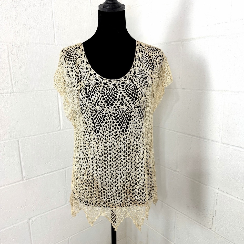 Bohemian Open Knit Crochet Lace Top Size M/L Tan Beige Festival Layers Indie‎